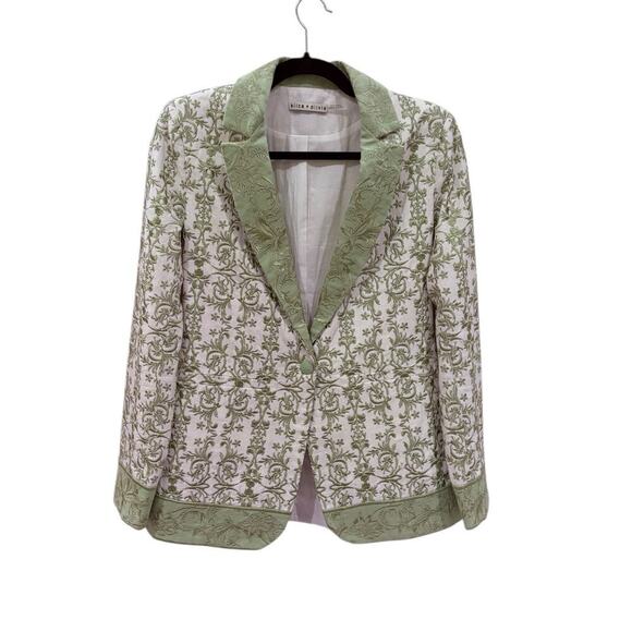 Alice + Olivia Macey Embroidered Cotton Linen Blazer Republic Geo Green Size 2 - Picture 2 of 16